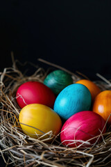 Colorful Easter eggs in a straw nest on a black background