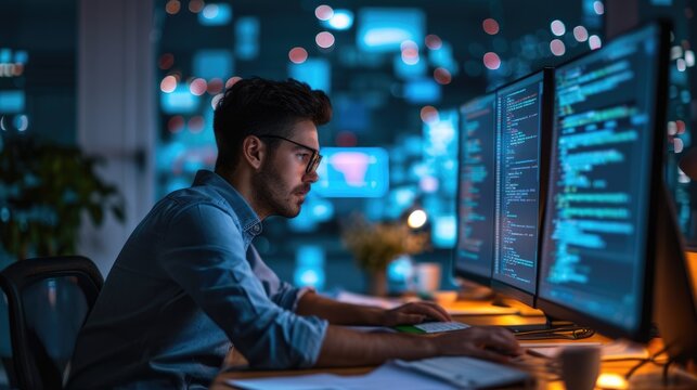 A software developer works on code late into the night, illuminated by the glow of multiple computer screens in a modern office. AIG41