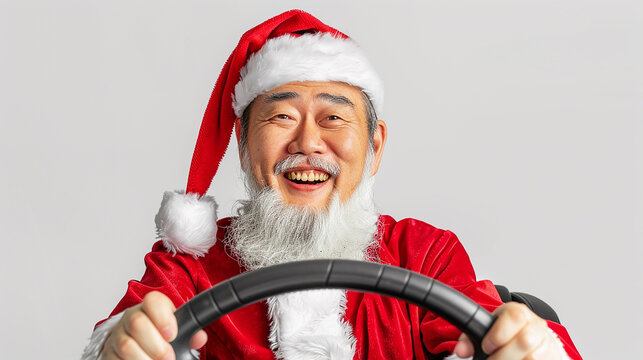 homem japones vestido de papai noel  segurando o volante isolado, expressão engraçada, promoção para tirar carta de habilitação de motorista promoção de natal 