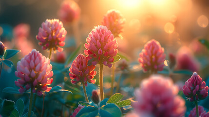 A cluster of pink clover flowers, the central one in sharp focus amidst a soft backdrop, shines under a warm casting of the sunset light