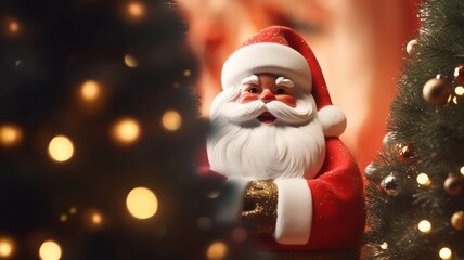 Santa Claus Figurine in front of Christmas Trees
