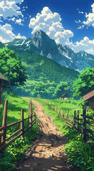 rural road among a mountain landscape with white clouds, art illustration