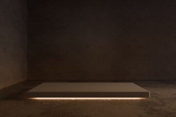 Interior dark room, hangar with concentrate wall and floor, fog and mist environment. 3d render. 