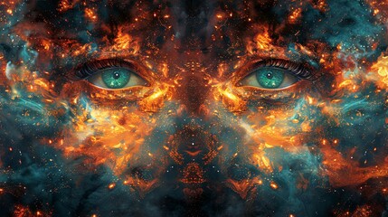 Artistic representation of fiery nebulae superimposed on human eyes, symbolizing vision beyond the universe. - obrazy, fototapety, plakaty