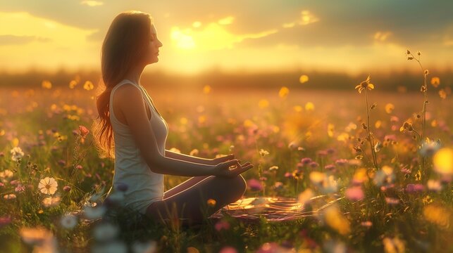 A woman depicted in a side view in a meditation pose, lotus yoga position, sitting in a meadow during sunrise. The picture represents peace and harmony with oneself. The background is blurred.
