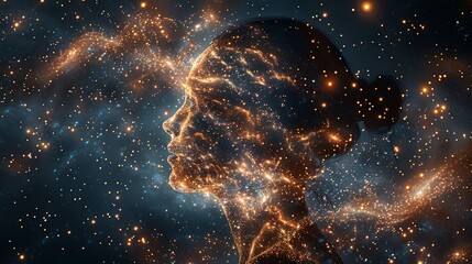 Silhouette of a human head profile intertwined with a glowing cosmic starfield, representing the universe within the mind. - obrazy, fototapety, plakaty