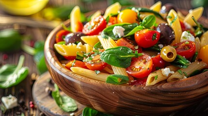 Close-up of a vibrant Mediterranean pasta salad with fresh tomatoes, olives, and basil in a wooden...