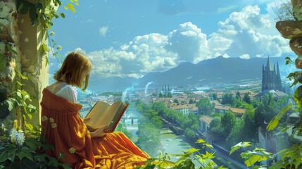 woman on hill top overlooking her village reading a book of love