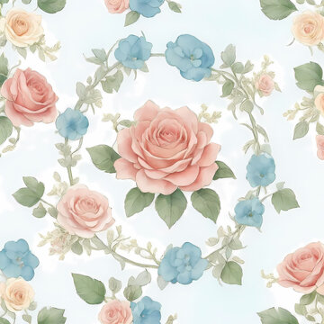 seamless pattern with roses tulips in pink and blue