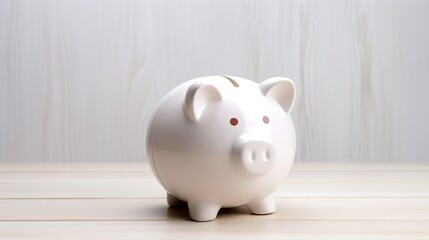 Pension concept with white Piggy bank on white wooden background.