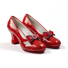 Cherry Red Ruby Slippers with metal design on a white background