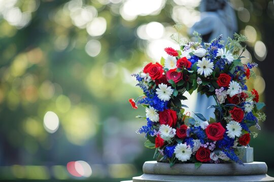 A wreath of red, white, and blue flowers sits on a stone pedestal