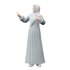 3D render portrait of muslim people wearing hijab. Happy young adult woman pointing and showing product to the side. Eid mubarak Concept.