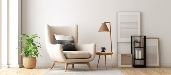 Minimalist living room setup with a stylish armchair, wooden stool, decor items, black poster frame, book, and personal accessories in a contemporary home design.