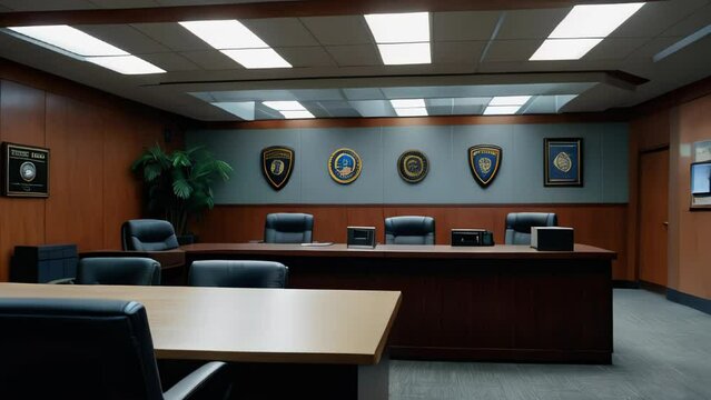 Interior of a courtroom or law enforcement office, law enforcement office, courthouse or law enforcement office