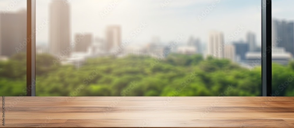 Canvas Prints a wooden table sits beside a window overlooking a city skyline, with tower blocks, trees, and a natu