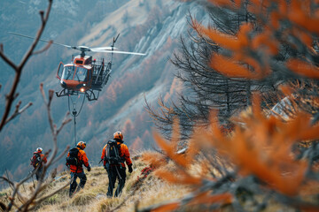 Team of rescuers in orange uniforms walks through a rugged terrain with a helicopter hovering nearby during a mountain rescue operation. - obrazy, fototapety, plakaty