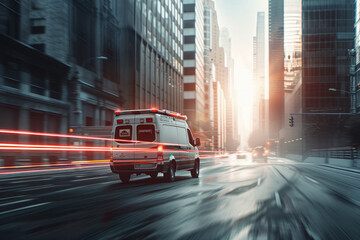 Ambulance rushes through bustling urban street with motion blur. Medical car is rushing to place of emergency care - obrazy, fototapety, plakaty