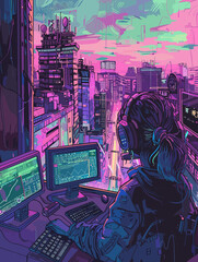 Vector illustration of a girl playing on the stock exchange against the background of the city.