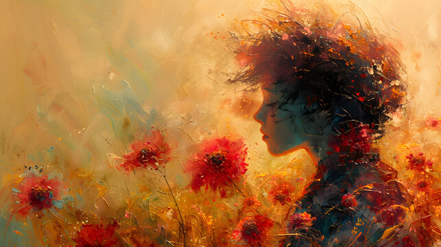 Ethereal painting of a woman's silhouette emerging among vibrant brush strokes and flowers
