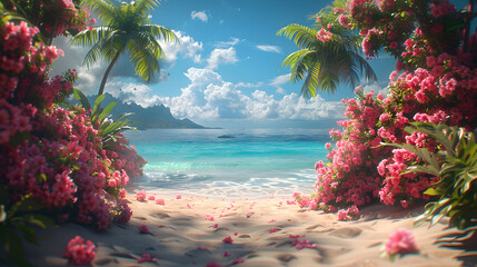 Fototapeta na wymiar Serene beach view framed by lush pink flowers and clear turquoise waters, evoking a feel of paradise