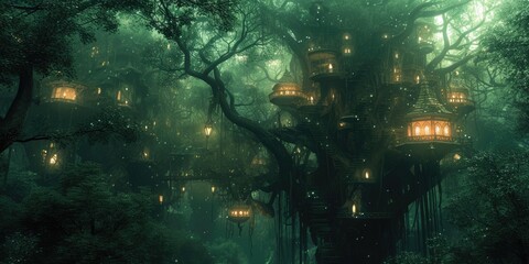 Fototapeta na wymiar A fantasy scene of a hidden elven city in an ancient forest, with magical treehouses and glowing lights. Resplendent.