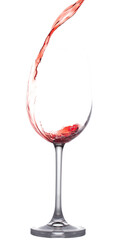 Red wine is poured into an isolated glass on a transparent background