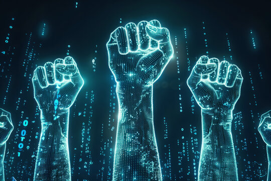 Glowing virtual digital fists are raised in gesture of defiance, Concept of resistance in network, Uprising of artificial intelligence