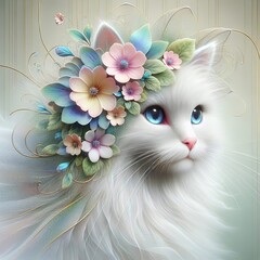 Beautiful Persian cat portrait wearing a floral laurel isolated on neutral background