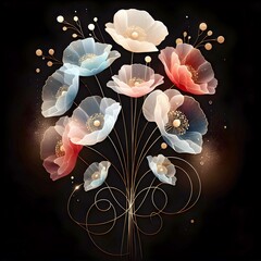 A collection of stylized flowers in various shades of blue, pink, and white floats elegantly against a dark background. The flowers are interconnected by delicate golden lines and sparkling dots