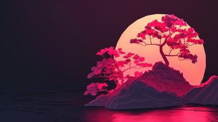3D multi-layered japanese landscape made from Kirigami in the style of children illustrations. Fantasy Landscape with Pink  Flowers