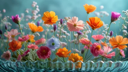 Zelfklevend Fotobehang Colorful garden flowers on a pastel background with corrugated glass plate on top. Virtual life minimal concept. Valentine's Day, Easter, Birthday, Happy Women's Day, Mother's Day. © Jenia