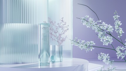 corrugated glass stands on a minimalist podium with white flowers , shade of blue with a purple undertone, cosmic color