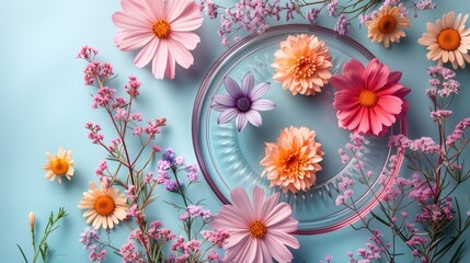Colorful garden flowers on a pastel background with corrugated glass plate on top. Virtual life minimal concept. Valentine's Day, Easter, Birthday, Happy Women's Day, Mother's Day. - Powered by Adobe