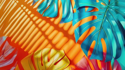Colorful monstera leaves behind a corrugated glass. Minimal virtual life concept.