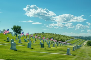 A cemetery with many American flags on the graves. The flags are in rows and are spread out across the field