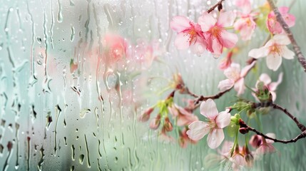 Floral background with blooming flowers and corrugated glass wall with dew drops, banner with cherry branches, natural view.