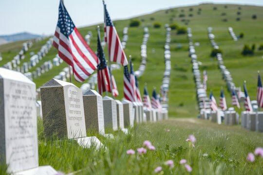 A row of American flags are flying over a cemetery. The flags are in various sizes, and they are arranged in a neat row. The cemetery is surrounded by a grassy hil
