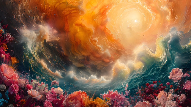 Vivid digital artwork where cosmic swirls intertwine with blooming flowers, symbolizing creation