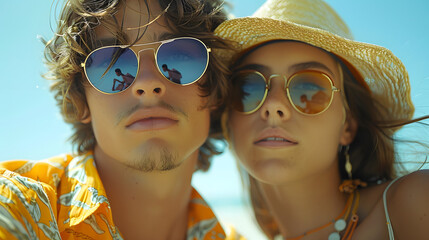 A close-up of a stylish couple with mirrored sunglasses reflecting the blue sky