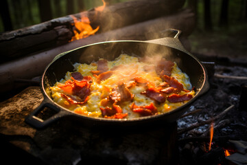 Embrace the wilderness with a delicious camping breakfast featuring scrambled eggs and savory bacon cooked over an open flame in Generative AI,