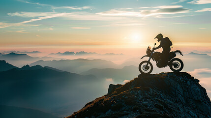 maquete de aventureiro de silhueta de motocicleta no topo da montanh - obrazy, fototapety, plakaty