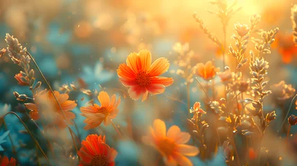 Fototapeten A serene field of vibrant orange wildflowers basks in the golden light of a setting sun, evoking warmth and tranquility © Reiskuchen