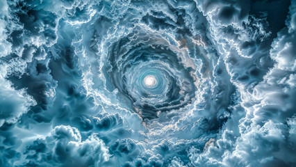 Grey-blue clouds in shape of vortex, full frame. It is natural phenomenon. Power and elements. Movement of air masses.