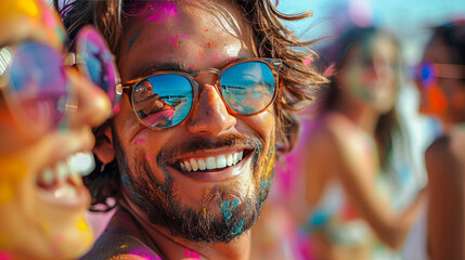 Happy and beautiful young couple in sunglasses is having fun and posing in crowd at Holi Paint Festival. Around her people, also covered in bright colors, are creating festive and energetic atmosphere