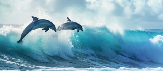 A flock of dolphins in the sea is jumping in the air in search of oxygen
