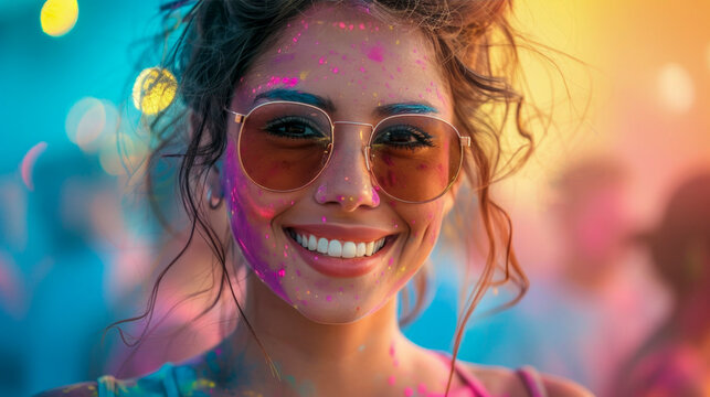 Happy and beautiful young woman in sunglasses is having fun and posing in crowd at Holi Paint Festival. Around her people, also covered in bright colors, are creating festive and energetic atmosphere