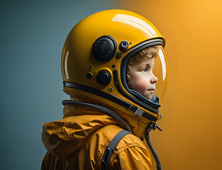 Astronaut on the moon. Kid with an astronaut suit. Yellow astronaut. Yellow background. Generative AI	
