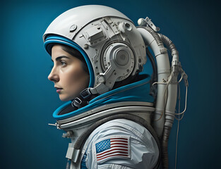 Astronaut on the moon. Woman with an astronaut suit. White astronaut. Blue background. Generative AI	
