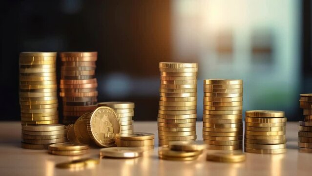 A lot of gold coins of money are stacked on the table. Wealth and finance concept